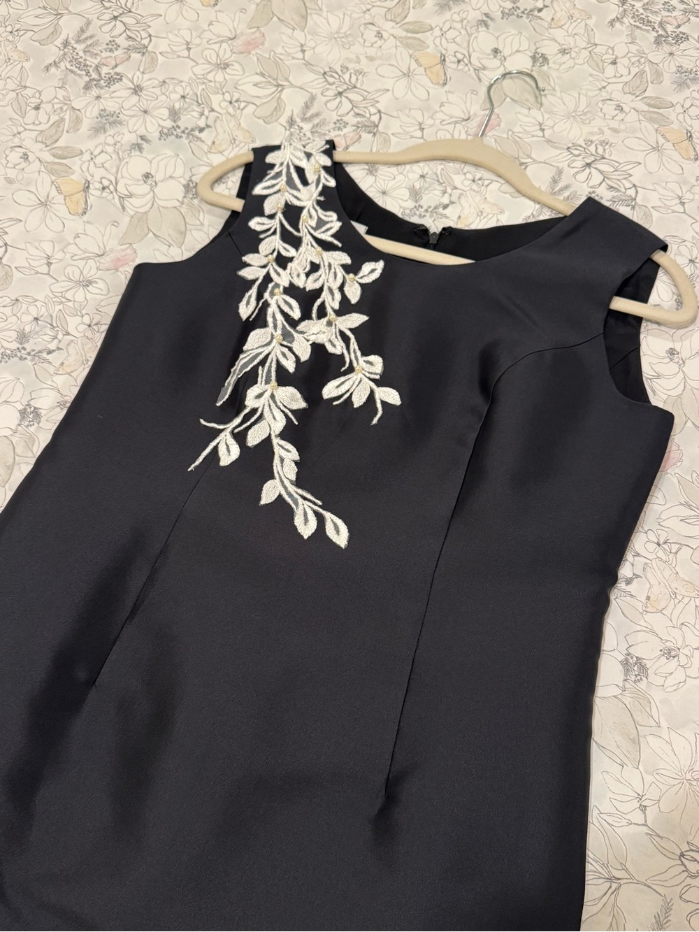 Navy Blue Midi Dress with White Leaf Appliqué